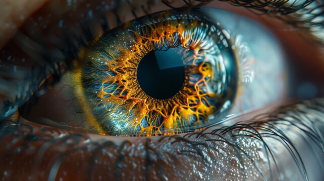 Macro Close-Up of Human Eye with Detailed Vivid Blue and Gold Colored Iris and Eyelashes Highlighting Intricate Patterns and Reflections in MoistureMacro