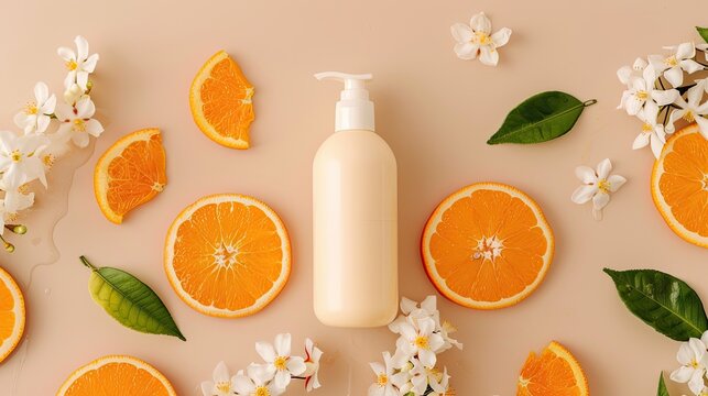 Shampoo bottle with manual dispenser, surrounded by oranges and orange blossom flowers, on a palin background, blank space for text.
