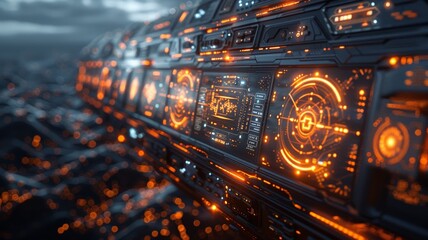 Intricate futuristic spaceship control panel with glowing orange holographic displays and advanced technology interface against a dark, atmospheric backgroundfuturistic