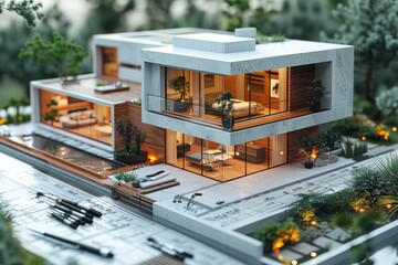 Luxurious Modern Architectural House Design with Open Glass Windows, Garden Landscaping, and Detailed BlueprintsLuxurious