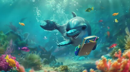 Fototapeta premium Charming chibi dolphin with school supplies tucked into its fins, swimming towards a coral reef classroom for back to school