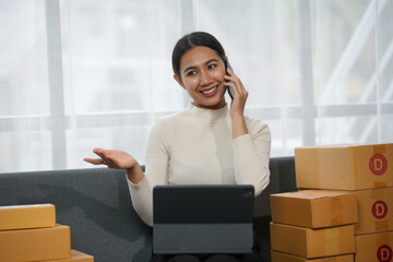 Smiling woman working from home, talking on phone, with laptop and packages, managing online...