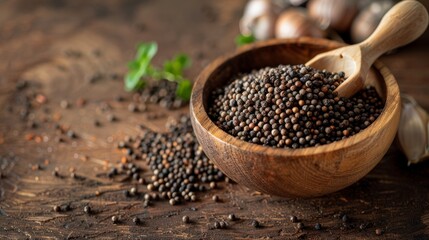 Black Peppercorns in Wooden Bowl