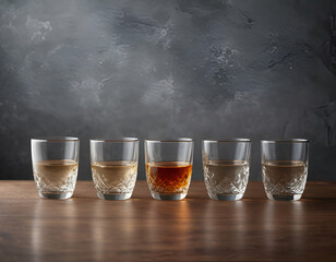 Five short glasses displayed in a row each containing a different colored drink, on a wooden table.