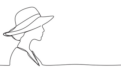 One line continuous woman face silhouette with hat. Hand drawn vector art.