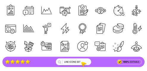 Court judge, Timer and Work home line icons for web app. Pack of Electricity, Success, Investment graph pictogram icons. Electricity power, Brush, Project deadline signs. Pie chart. Search bar. Vector
