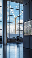 A hyper-realistic photograph of an expansive outdoor renewable energy facility, featuring large wind turbines and extensive solar panels. Inside a modern control room with large digital screens 