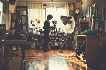The photographer is in a professional studio, with lighting equipment and photographs, focusing on creative work AIG58