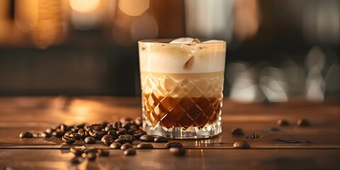 Closeup of drink in glass with coffee beans on side. Concept Product Photography, Closeup Shots, Coffee Beverages, Coffee Beans, Glassware Closeup
