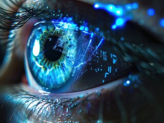 Closeup of a human eye with blue digital cyber electronic light technology