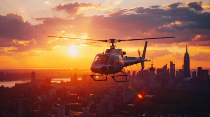 Helicopter flying over city at sunset