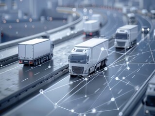 Conceptual image of trucks on a smart global network illustrating fleet management and logistics