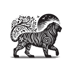 Hand Drawn Tiger Silhouette Isolated On White Background. Vector Illustration In Flat Style.