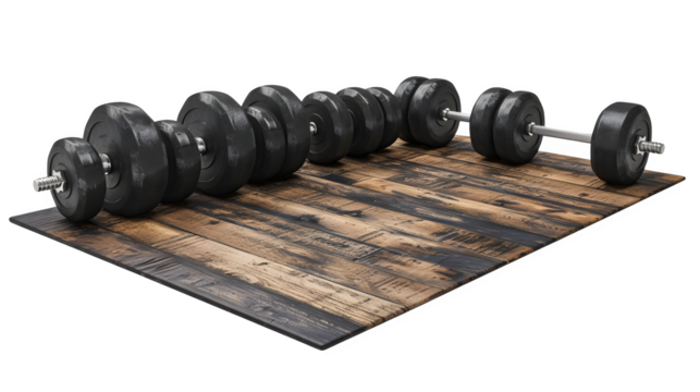 Trainer's workout setup with dumbbells and exercise equipment, PNG file, transparent background, isolated on white