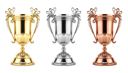 Golden, silver and bronze trophy cups with handles isolated on transparent background, PNG with...