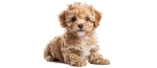 Adorable Maltipoo dog's cute puppy posing alone on a white background