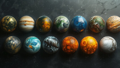 Lineup of various planets against a starry space background.