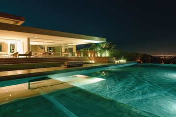 Fototapeta premium A modernist house with an infinity pool at night Generative AI