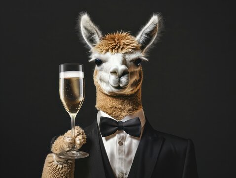 Happy Birthday party celebration greeting card with text - A funny alpaca with suit, bow tie and champagne glass, champagne cheers during a celebration, isolated on black background