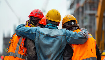 Construction workers wearing hard hats and safety vests embracing each other at a construction site. AIG535

