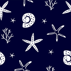 Hand drawn sea shells, stars on deep blue background. Summer beach seaside print.