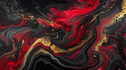 Abstract luxury black and red marble art with gold.  Fluid art painting background with abstract swirling colors. Modern art for posters, cards, invitations, websites, and backgrounds.