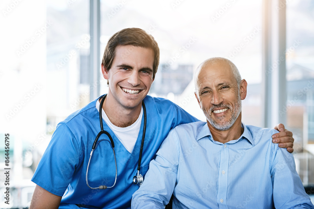 Poster Portrait, Elderly man and happy doctor in hospital for wellness, healthcare and support for service. Medical professional or expert, smile and patient with Alzheimers in clinic for treatment or test