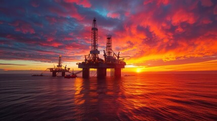 Fototapeta premium Dramatic sunset over oil rigs, highlighting rising costs, energy production, environmental impact
