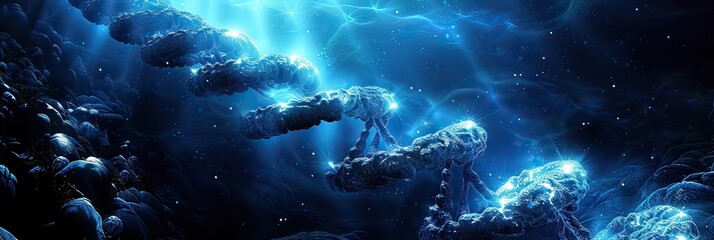 A computer generated image of a DNA strand floating in the ocean