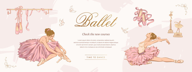 Ballet studio or school poster, flyer, web banner, billboard design template with hand drawn ballerina and pointe shoes on white background. Vector illustration © AM_art