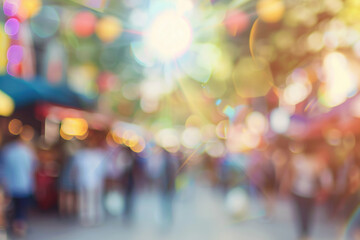 Obraz premium A blurry photo of a busy street with people walking and shopping,, generative ai image