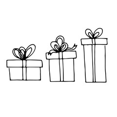 Simple doodle balck and white vector illustration sketch
line art birthday b-day gift present boxes with bows