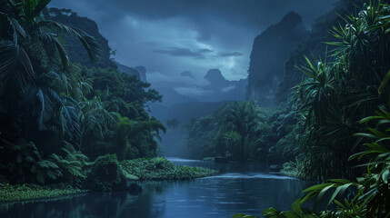 A breathtaking night scene of a lush jungle with towering mountains. A serene river meanders through the dense greenery.