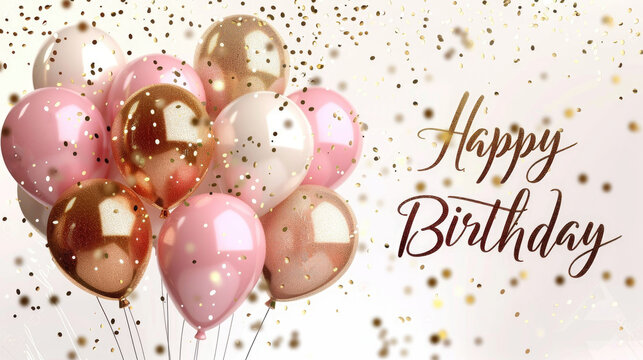 Pink and gold balloons with confetti falling, featuring a "Happy Birthday" message, creating a festive and elegant celebration atmosphere.
