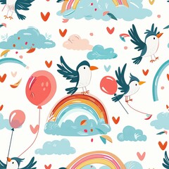 Obraz premium Colorful birds flying through rainbow clouds and hearts. Seamless pattern.