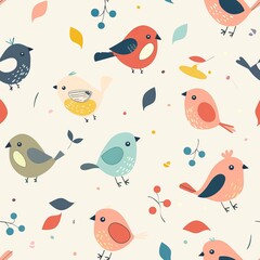Obraz premium Colorful bird pattern with leaves and berries. Seamless pattern