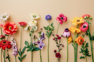 Obraz premium Ultra sharp photo capturing the vivid hues of various flowers set upon a neutral beige backdrop