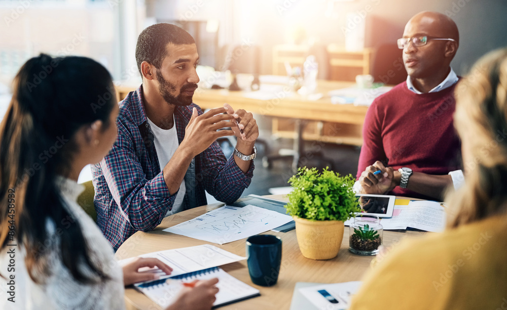 Poster Man, business meeting and startup with documents in office with discussion, planning and teamwork. Group, paperwork and diversity with conversation, problem solving and solution at creative agency