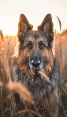 Fototapeta premium Ultra sharp close-up photo capturing a curious dog exploring a grassy field, bathed