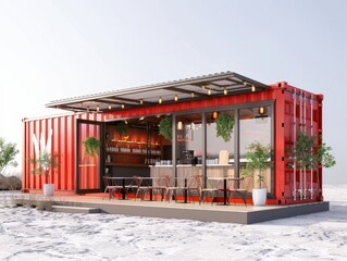 A 3D illustration of a 20ft container cafe