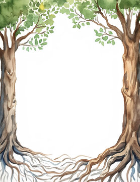 Tree Roots Watercolor Border Painting, Page Frame Trim, Graphic Resource