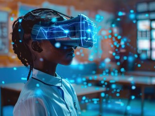 African school student with VR headset using AI artificial intelligence technology & machine learning. Interactive technology in classroom . Innovation & smart tech. AI blue hologram in education