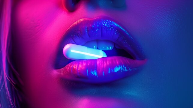 white drug pill in woman big lips mouth, gradient ambient club effect light, horizontal image