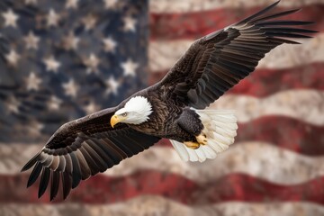 Fototapeta premium A bald eagle soaring majestically, isolated with room for copy on a patriotic banner