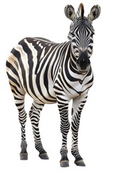 A zebra stands alone on a white background
