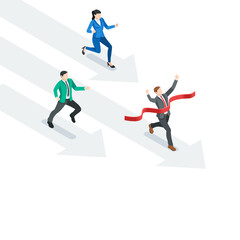isometric vector business people running along arrows and finishing tape, in color on white background, leader and competitors or winner in competition