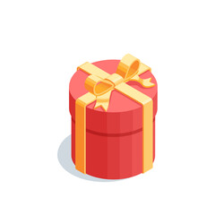 isometric vector red round box with a yellow ribbon and bow, in color on white background, surprise or holiday gift