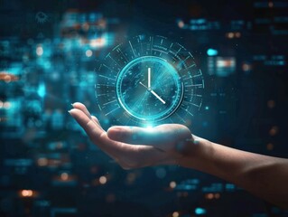 Clock on hand time data digital clock management planning business and time concept