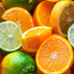 Fototapeta premium A pile of oranges, limes, and lemons, halved