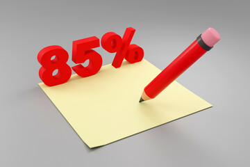 Inscription red 85 percents on grey podium, soft light, smooth background, 3d rendering